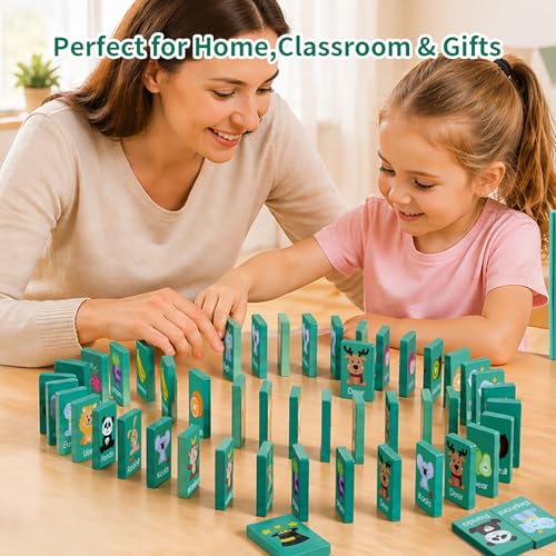 Wooden Dominoes Memory Matching Game for Toddlers 3-6, 57 Pcs Fruit Animal | 3-in-1 Topple Board Games with Storage Bag, Interactive Preschool Educational Toys, Family Reunion Games Gifts for Kids