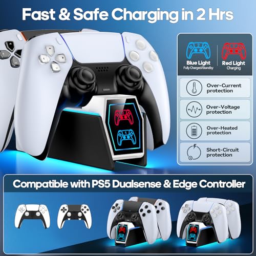 Controller Charger Station Compatible with Play 5 Faceplates Edge & Dual Controller, 9 Lightings P 5 Accessories Charging Station, P 5 Dock Stand with LED Indicator & On-Off Switch, White & Black for PlayStation Consoles - color: White & Black