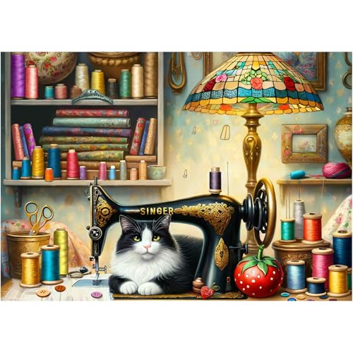 Rocorose 1000 Piece Puzzle for Adults, Sewing Room Cat Jigsaw Puzzle, Challenging Animal Puzzles Game for Family Puzzle Lovers - color: Sewing Room