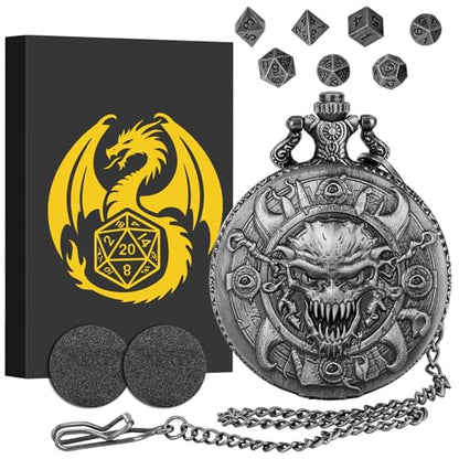 Mini DND Dice Set with Steampunk Warlock Skull Pocket Watch Case, Tiny 7PCS Polyhedral Metal D&D Dice, DND Gifts with Gift Box, Gothic Gifts, Role Playing Game Board Game Accessories Dice, Dark Silver