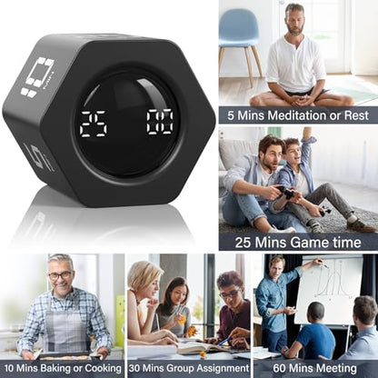 Rotating Pomodoro Timer 5, 25, 10 30,60 Mins Preset Stopwatch, Desk Flip ProductivityTimer, ADHD Tool Hexagon, Vibration/Mute/Alarm, for Work, Study, Back to School, Kitchen, Black - color: Black