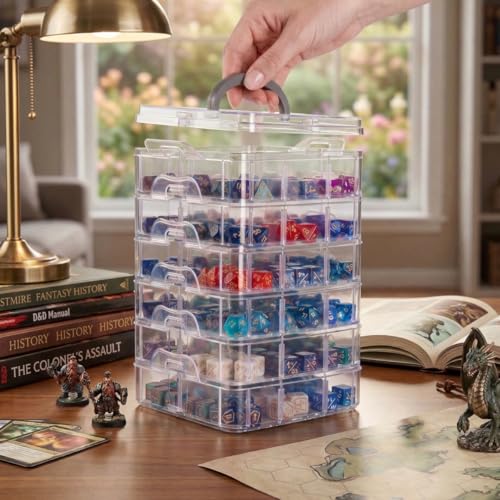 PUGED DND Dice Storage Box with Removable Dividers Polyhedral Dice Plastic Organizer Holding Up To 1800 Dices Craft Bead Compartment Container for Sewing, Jewelry, Art, DIY (6 layers) - size: 6 layers