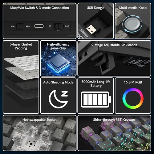 COSTOM WK75 75% Wireless Gaming Mechanical Keyboard,BT5.0/2.4GHz/USB-C, Hot Swappable Pre-lubed Custom Linear Switches,Gasket Structure,RGB Backlit Keyboard for PC/Laptop/Xbox/PS4/PS5 (Topographic) - color: Topographic