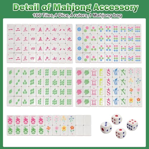 American Mahjong Game Set,Mahjong Set,Complete Mahjong Tile Set with 166 White Tiles (1.2’’),4 Tile rulers,4 dice,1 Bag,100 Chips,5 Instruction Manuals,Mahjong Game Gift for Enthusiasts
