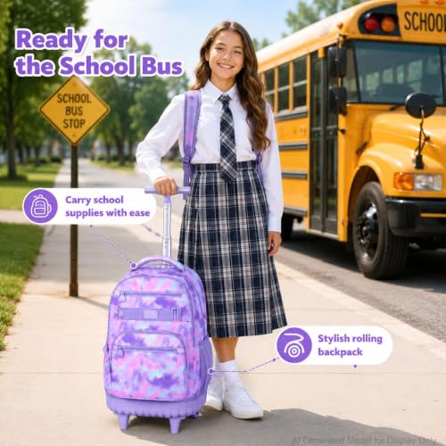 3Pcs Rolling Backpack for Girls Women, Travel Roller Backpacks with Wheels for Adults, Teens College Tie-Dye Wheeled Bookbag with Lunch Box(Purple) - color: Pink Purple