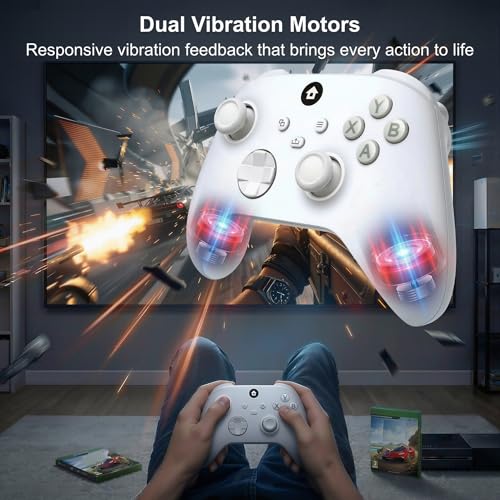 ECUBit Wireless Gaming Controller Compatible with Xbox Series X and Series S, Xbox One and Windows PC, Bluetooth Controller with 1400mAh Rechargeable Battery and LED Power Display, Dual Vibration, USB C Charging, 3.5mm Headset Jack, White