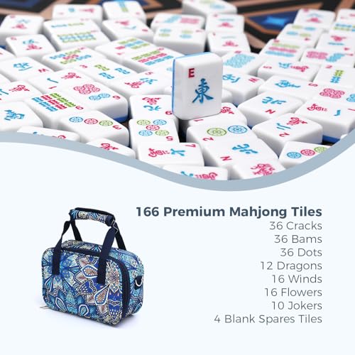 American Mahjong Tile Set with Printed Handbag, 166 Premium Blue Tile and Accessories, Portable and Stylish Mahjong Set, Mahjong Game Set for Travel, Gifts（Blue, No Racks） - color: Blue