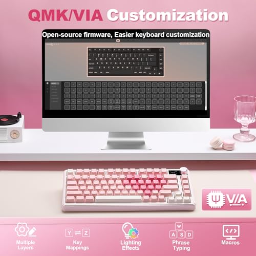 YUNZII B75 PRO MAX QMK/VIA Wireless Mechanical Keyboard | 75% Layout with Screen and Knob, Custom Hot Swap, Gasket, Creamy Switches, for Win/Mac (Pink Heart,Milk V2 Switch) - color: Pink Heart, size: Milk V2 Switch