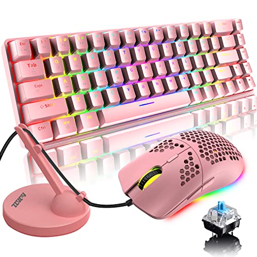 60% Mechanical Gaming Keyboard Mini 68 Keys Anti-Ghosting Wired RGB 18 Backlit Effects,Lightweight Gaming Mosue DPI Adjustable Honeycomb Optical,113 PBT Pudding Keycaps for PC Gamers(White)