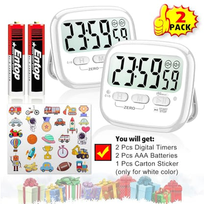 AyayaBoss 2-Pack Magnetic Kitchen Timers for Cooking, Digital Stop Watch Countdown Timer for Kids, Teachers, Classroom, Office, Exercise - Battery Included - color: Digital Timer 2 Pack - White