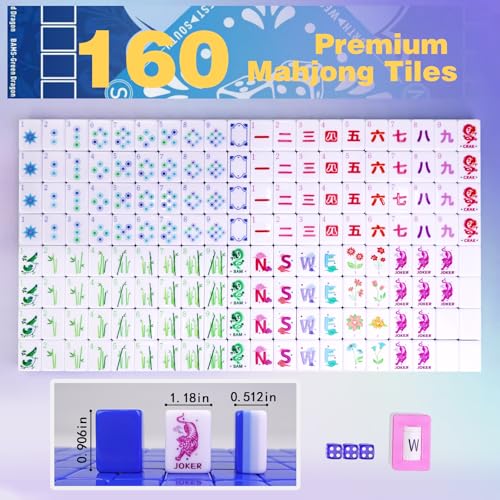 American Mahjong Game Set, Portable Carrying Bag,Acrylic 160 Tiles,Western Mahjong Tiles Set,Complete Ma Jong Set (Blue) - color: Blue