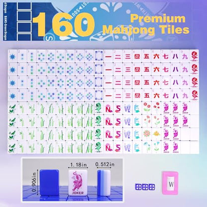 American Mahjong Game Set, Portable Carrying Bag,Acrylic 160 Tiles,Western Mahjong Tiles Set,Complete Ma Jong Set (Blue) - color: Blue