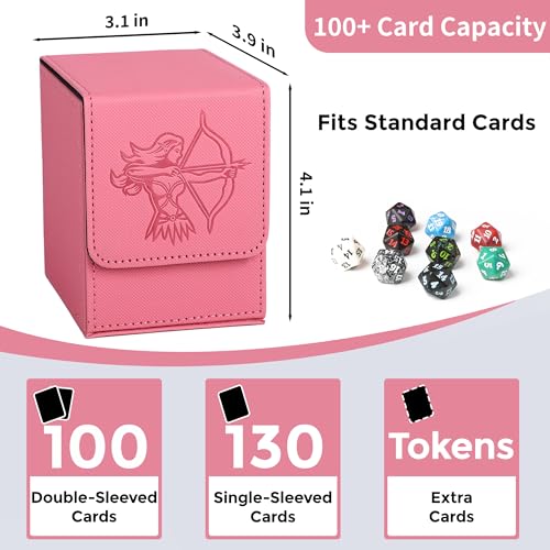 Card Deck Box with 2 Dividers, MTG Commander Deck Box Holds 100+ Double-Sleeved Cards, Leather Magnetic Deck Case Compatible with Magic TCG CCG Cards, Pink/Elf - color: 4. Pink,Elf 01, size: 100 Double-sleeved Cards Vertical