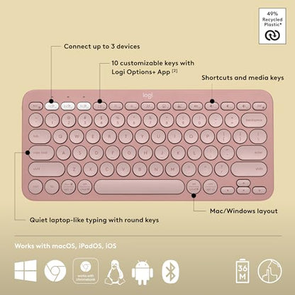 Logitech Pebble Keys 2 K380s, Multi-Device Bluetooth Wireless Keyboard with Customizable Shortcuts, Slim and Portable, Easy-Switch for Windows, macOS, iPadOS, Android, Chrome OS - Tonal Rose - color: Rose
