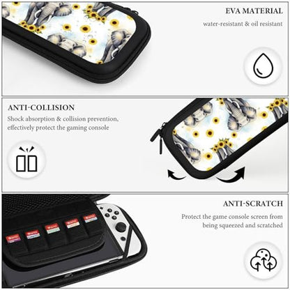PPIKTC Portable Travel Carrying Bag for Switch, Sunflower Elephant Hard Shell Protective Case, Shockproof Game Organizer with 15 Game Cartridges - color: Design (336)