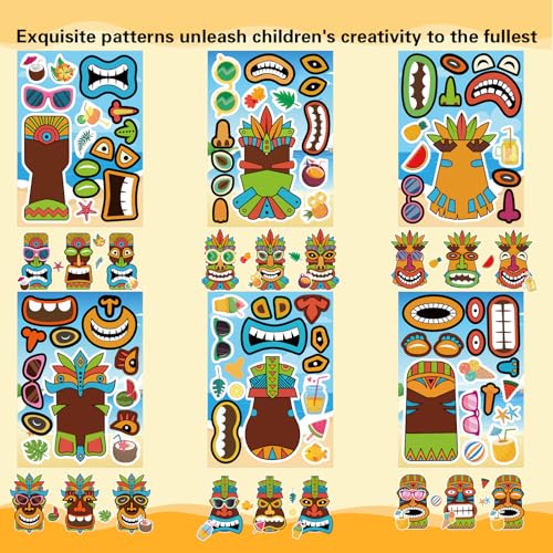 Summer Stickers, Make a Tiki Face Sticker, Tropical Hawaiian Stickers | 24 Sheets Make Your Own Tiki Sticker for Kids Summer Luau Party Favors Decoration - style: Tiki