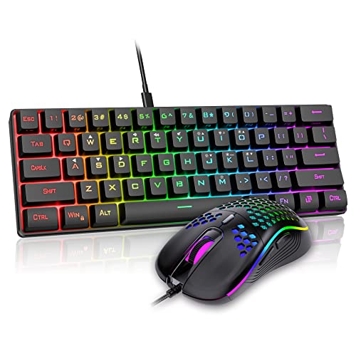 RedThunder 60% Gaming Keyboard and Mouse Combo, Ultra-Compact 61 Keys RGB Backlit Mini Keyboard, Lightweight 7200 DPI Honeycomb Optical, Wired Gaming Set for PC MAC PS5 Xbox Gamer(Black) - style: 01 Black Wired Combo