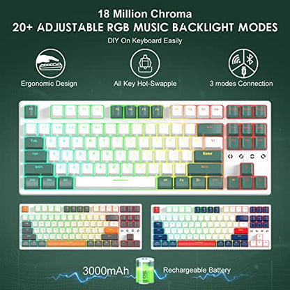 Wireless Gaming Keyboard and Custom Coiled USB C Cable,Triple Mode 2.4GHz/BT 5.0/USB-C,TKL Hot Swappable Mechanical Keyboard Yellow Switches,Rechargeable 3000mAh for PC PS5 PS4 Xbox-2 in 1 Kit - color: White green yellow switch