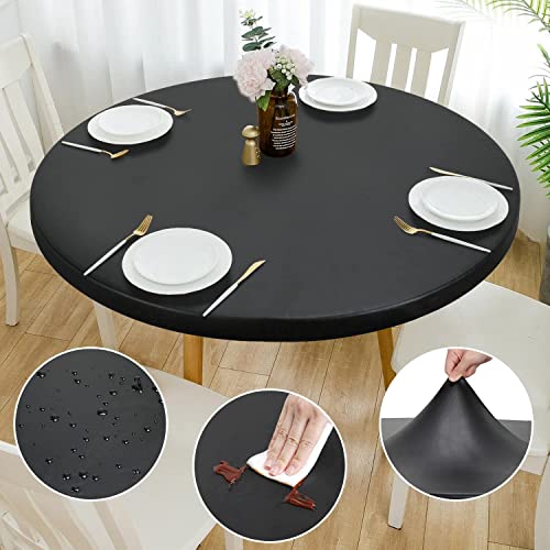 Double Design PU Round Tablecloth, Anti-Tear Wipeable Elastic Round Tablecloth, Soft-Touch Fitted Table Cloth, Waterproof Oil-Proof Table Cover (Black, 49"-52" Round) - color: Black, size: 51" (Round)