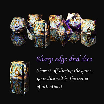 Sharp Edge DND Dice Set Handmade 7 Accessories Dice for Dungeons and Dragons TTRPG Games, Multi-Sided RPG Polyhedral Resin Sharp Edge Dice Roleplaying Games - color: Sequin Purple