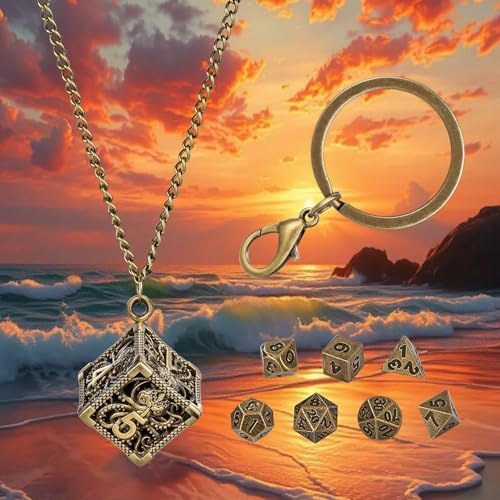Keller & Weber Mini DND Dice Set with Hollow Six-Sided Octopus Metal Case Portable Keychain Necklace, Tiny 7pcs Polyhedral D&D Dice Set, DND Gifts with Gift Box, D&D Accessories for RPG, Bronze