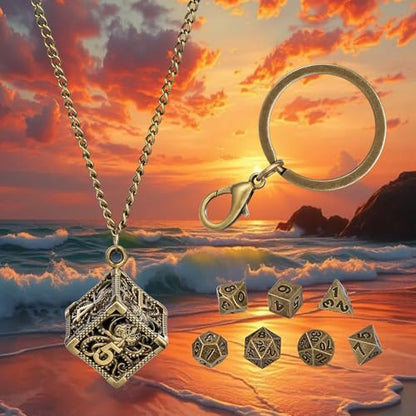 Keller & Weber Mini DND Dice Set with Hollow Six-Sided Octopus Metal Case Portable Keychain Necklace, Tiny 7pcs Polyhedral D&D Dice Set, DND Gifts with Gift Box, D&D Accessories for RPG, Bronze