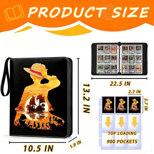 900 Pockets Trading Card Binder for One Piece Cards, 3 Ring Zipper Card Binder with 50 Removable 9 Pocket Sleeves, Waterproof Card Album for TCG, MTG, Sports & Anime Cards, Standard Size Card Holder