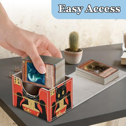 Commander Deck Box for Trading Cards - Fits 100+ Double Sleeved Cards, PU Leather MTG TCG Storage Case with Strong Magnetic Closure, Cat Eating Ramen - color: Cat Eating Ramen