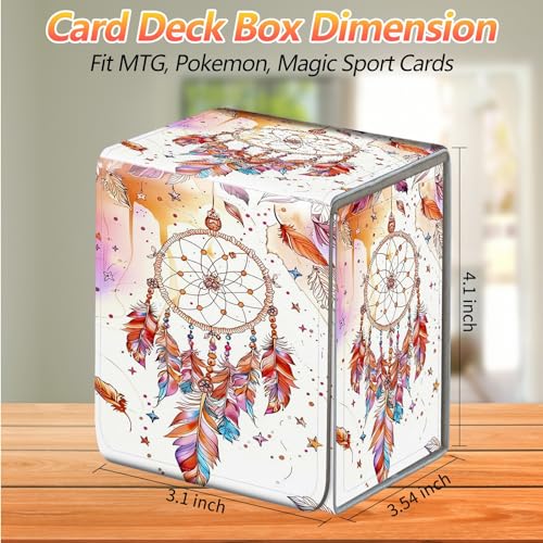 Card Deck Box, Card Storage Box Fits 100+ Single Sleeved Cards, Large Capacity PU Leather Card Storage Box with Strong Magnet for Magic Commander TCG CCG, Dreamcatcher Feathers Beads - color: Dreamcatcher Feathers Beads