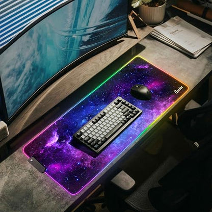 Gerlos RGB Gaming Mouse Pad, Large LED Desk Mat, 31.5 x 11.8 Inch | 12 light modes, non-slip base, water-resistant surface, stitched edges - color: Violet