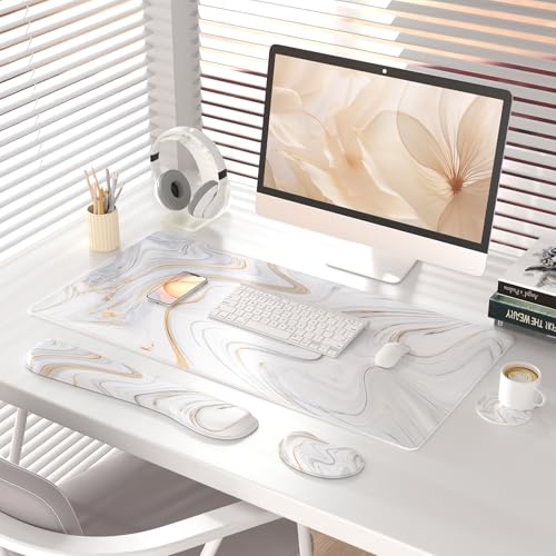 QIYI PU Leather Desk Mat Set, 4-in-1 Ergonomic Wrist Rest, Marble Stripes | Waterproof Large Mouse Pad 31.5×15.7 + Keyboard Wrist Rest + Mouse Wrist Support+Coaster, Non-Slip Office Gaming Accessories - color: White Marble Stripes