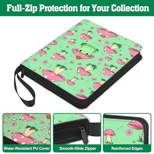 Cute Frog & Mushroom 9-Pocket Trading Card Binder Album, 900 Card Zipper Binder with 50 Removable Sleeves, Refillable 3-Ring Card Book for MTG, TCG and Sports Cards, Fits 2.5" x 3.5" Cards - color: Frog & Mushroom