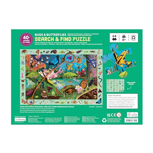 Mudpuppy Bugs & Butterflies — 64 Piece Search & Find Puzzle Jigsaw Puzzle Featuring Diverse Bugs and Insects and Over 40 Hidden Images to Find for Ages 4+ - color: Bugs & Butterflies