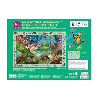 Mudpuppy Bugs & Butterflies — 64 Piece Search & Find Puzzle Jigsaw Puzzle Featuring Diverse Bugs and Insects and Over 40 Hidden Images to Find for Ages 4+ - color: Bugs & Butterflies