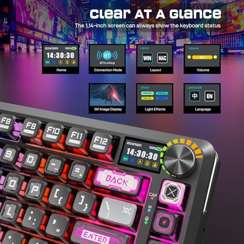Redragon Wireless Mechanical Gaming Keyboard - Gasket-Mounted RGB Backlit, Custom Keys, 3-Mode(Bluetooth/2.4G/USB), Hot-Swap Pre-Lubed Switches, Screen & Control Knob - Cyber Mecha Style, Plasma Arc - color: Plasma Arc