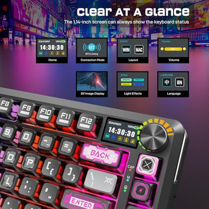 Redragon Wireless Mechanical Gaming Keyboard - Gasket-Mounted RGB Backlit, Custom Keys, 3-Mode(Bluetooth/2.4G/USB), Hot-Swap Pre-Lubed Switches, Screen & Control Knob - Cyber Mecha Style, Plasma Arc - color: Plasma Arc