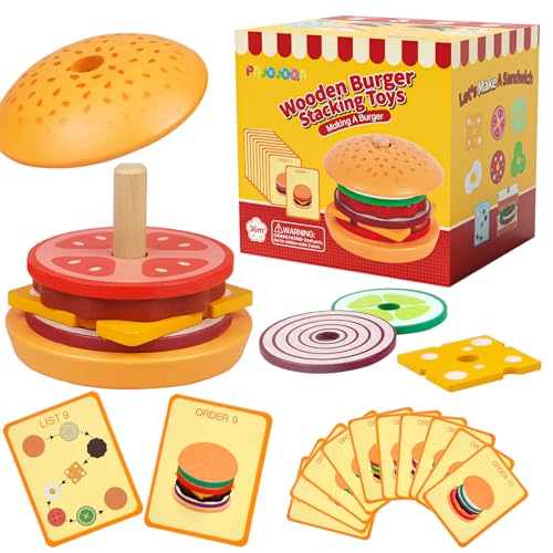 Wooden Burger Stacking Toys Montessori Toys For Toddlers Preschool Education Activity Board Game Early-Education Matching Speed Race Pretend Toy Food Back To School (Burger) - color: Burger
