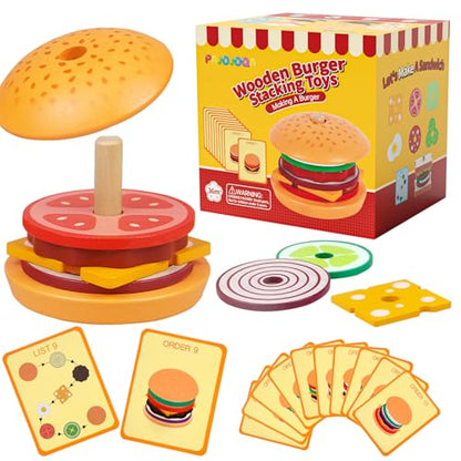 Wooden Burger Stacking Toys Montessori Toys For Toddlers Preschool Education Activity Board Game Early-Education Matching Speed Race Pretend Toy Food Back To School (Burger) - color: Burger