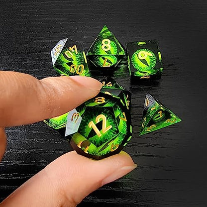 BESCON Dragon's Eye Sharp Edged Polyhedral Dice Set of 7, Handmade Dragon's Eye Dice for Role Playing Game - color: Green Eye Set