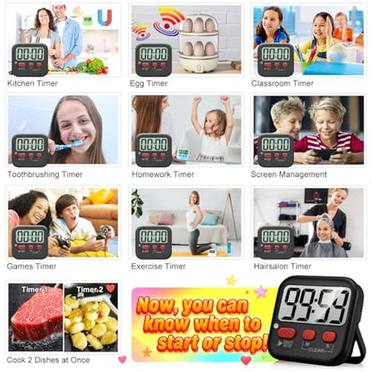 2 Pack Digital Timer for Kids Classroom Kitchen Timers for Cooking | w/ Battery, Easy to View, Alarm, Mute Mode, Count Down/Up, Magnetic, Kickstand, Hanging, Classroom Timer for Teacher Supplies - color: New Black