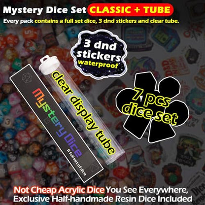Haxtec Mystery DND Dice Set 7pcs Polyhedral Dice + 3 Funny Waterproof Stickers + Clear Tube Case, Mystery Dice for Dungeons & Dragons, Great DND Gift, No Duplicates in 2/5 Packs, Gift Box Included - style: Classic + Tube
