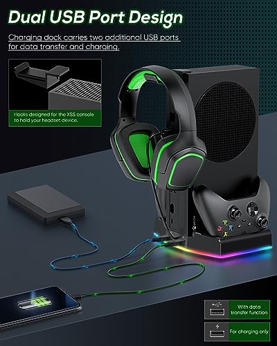 Cooling Stand & Charge Station for Xbox Series S with RGB Light Strip,Black | Dual Controller Charger & Cooler Fan for XSS Console Accessories with 2*1400mAH Rechargeable Battery Pack,1*Headphone Hook - color: Black