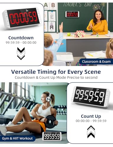 Large 7.8" Digital Timer with LED Display, Magnetic for Kitchen & Classroom | USB-C Rechargeable Timer with 99-Hour Count Up & Countdown, 3 Brightness Levels, 5 Alarm Sounds, 4 Volume Levels for Study - color: White
