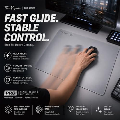 Pro Glass Gaming Mouse Pad, Electroplated Hard Glass Mousepad, Sleeve-Free Smooth Glide, Reduced Skin Drag, High-Stability Base, Graphite Gray