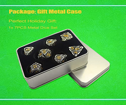 Metal DND Dice Set Skull Dungeons and Dragon Dice Set Hollow Polyhedral Magic 7 PCS Dice Set with Gift Metal Box for Dungeons and Dragons Table Games Play Cards MTG(Skull_Ancient Silver and Gold) - color: Skull_ancient Silver Plus Gold
