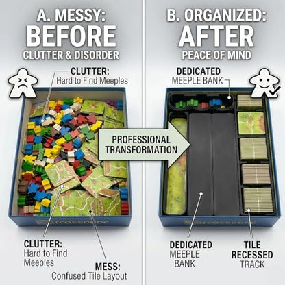 Board Game Insert Organizer Compatible with Carcassonne, Premium Tabletop Storage Solution for Base Game and Multiple Expansions, Wooden/Polymer Tile and Meeple Holder (Game NOT Included)