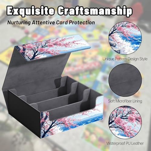 DEGDFSGR Card Game Storage Box for TCG MTG Commander Deck Box MTG Card Box Organizer Trading Card Case Magnetic Closure Creative Pattern Up to 2400 Cards, Blue Ocean Cherry Blossoms Rock - color: Blue Ocean Cherry Blossoms Rock