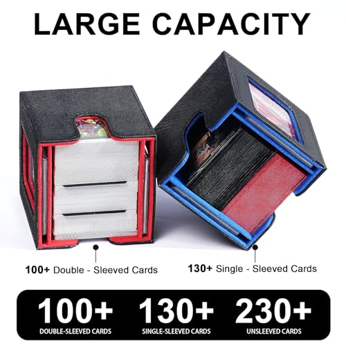 Commander Dual Display Deck Box — Patented Design Holds 130 Double-Sleeved/100 Triple-Sleeved Cards, Includes 2 Thick Card Bricks & 2 Dividers, Leather Multi-Function Storage Case (black - color: Black