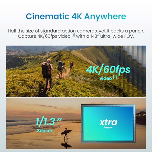 Xtra Atto Wearable 4K Action Camera (128GB), 54 g, Light and Compact, 1/1.3″ Sensor, 4K/60fps Video, 220‑Min Max Recording, 5-Min Pre-Recording, Built-in Stabilization, 600MB/s Fast Transfer