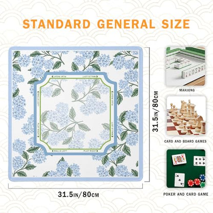 UTELKA Hydrangea Mahjong Mat, Blue Mahjong Mat with Rules 31.5 Inch | Flroal Mahjong Mat, Summer Rubber Mahjong Mats Table Cover, Blue and White Mahjong Game Pad, Mahjong Accessories Supplies - color: Blue Flroal Hydrangea